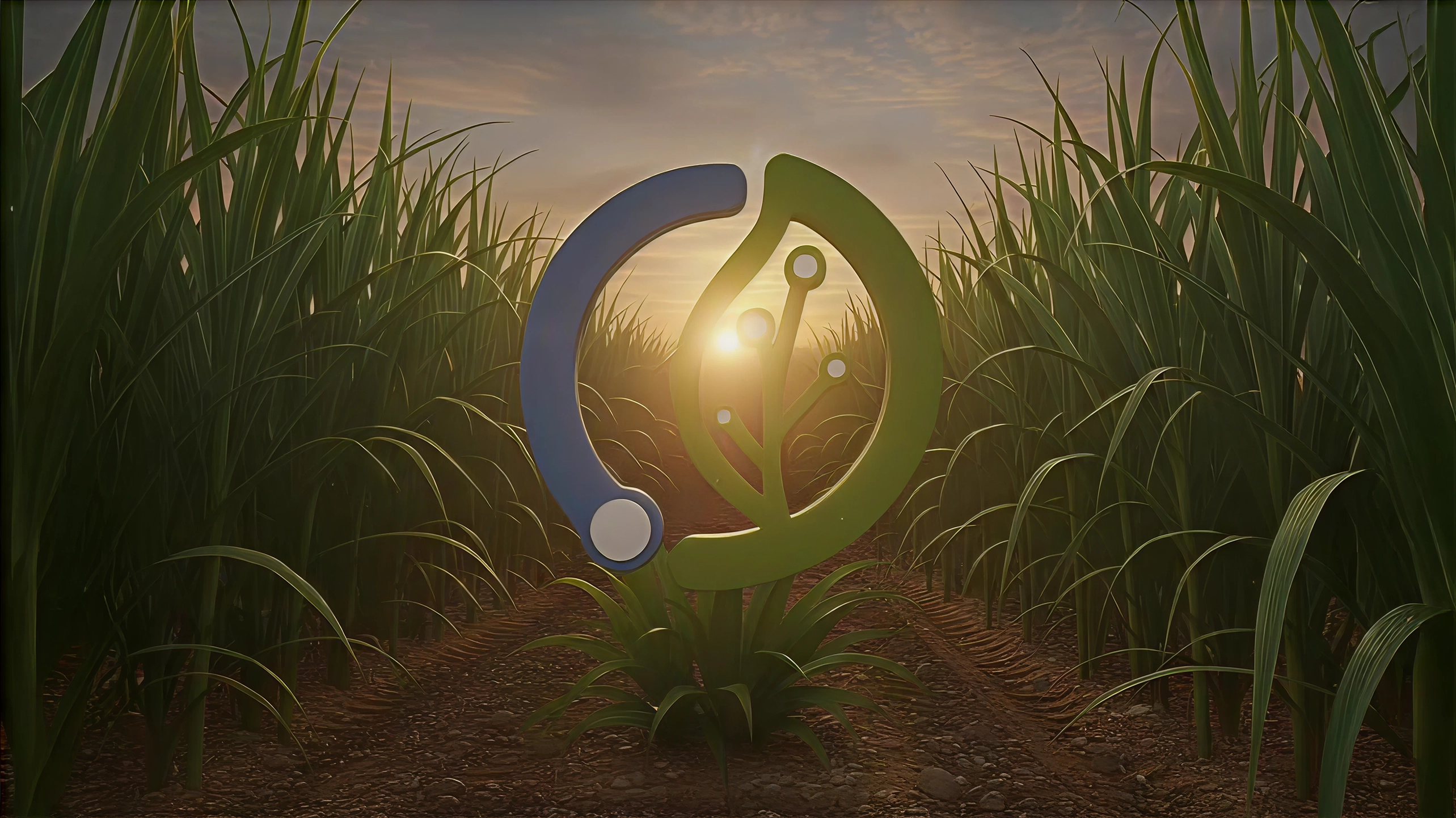 Plantação de cana-de-açúcar ao pôr do sol com logotipo sustentável da Cotagri representando inovação agrícola e tecnologia verde