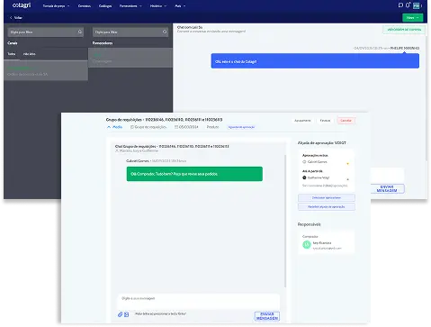Chat interno no sistema Cotagri para negociação e comunicação entre fornecedores e compradores.