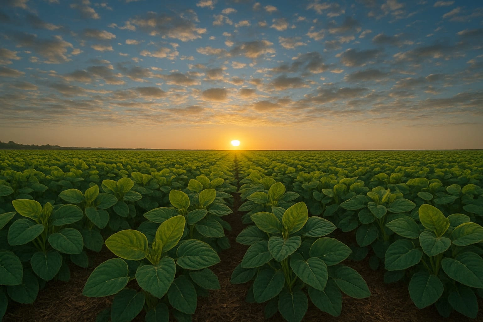 Plantação de milho ao pôr do sol com céu parcialmente nublado, simbolizando agricultura sustentável e produtividade no campo