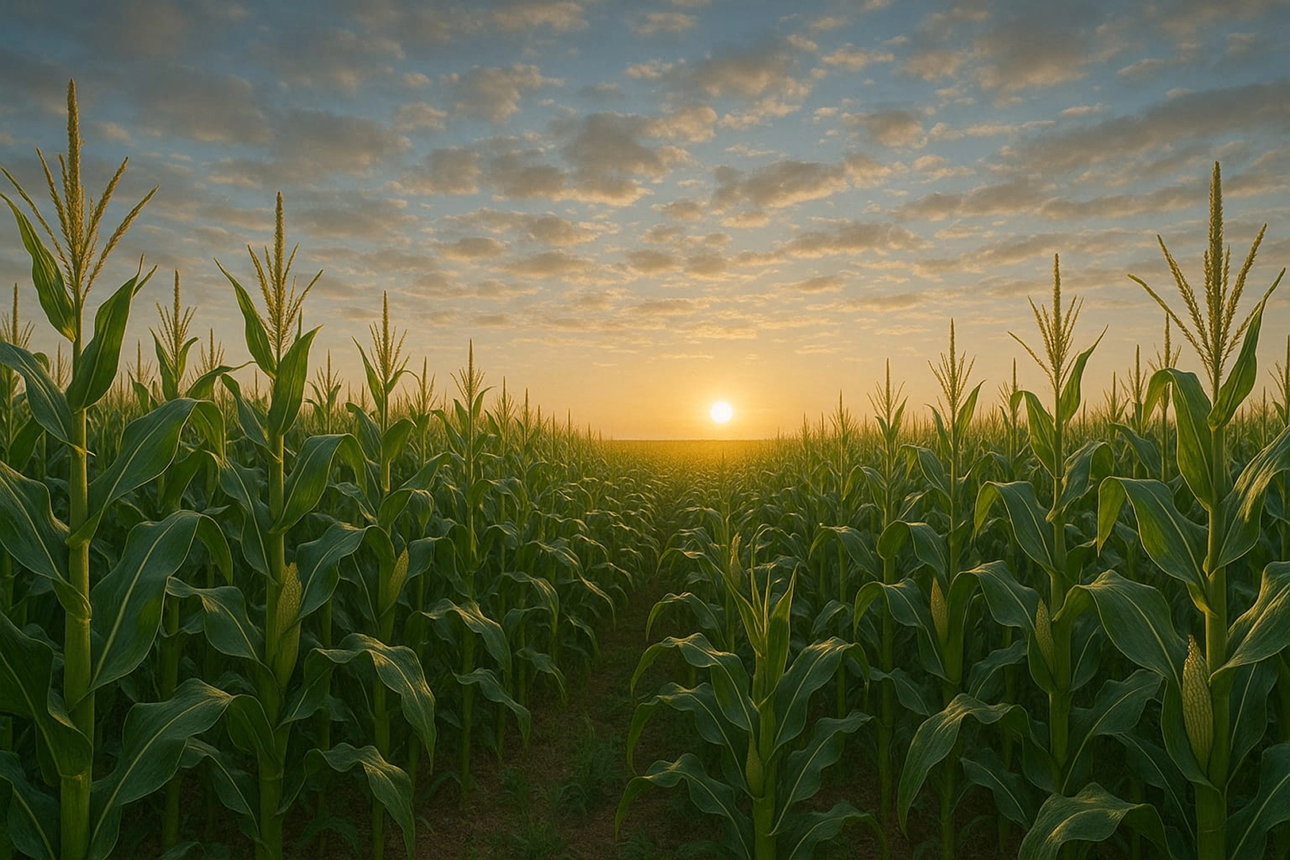 Plantação de milho ao pôr do sol com céu parcialmente nublado, simbolizando agricultura sustentável e produtividade no campo