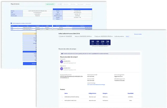 Leilão reverso de insumos no sistema Cotagri com propostas de fornecedores, prazos e resumo de ordens de compra.